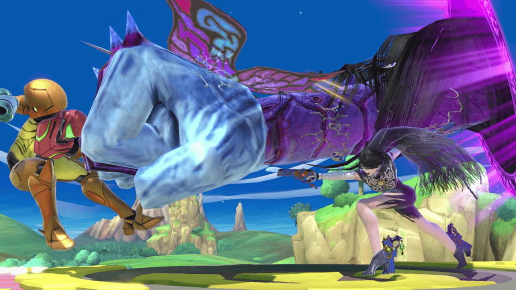 A scene from a fighting game featuring a character in a power suit aiming a weapon, while another character, dressed in distinct dark attire with wings, prepares to strike with a large hand-like figure in the background.